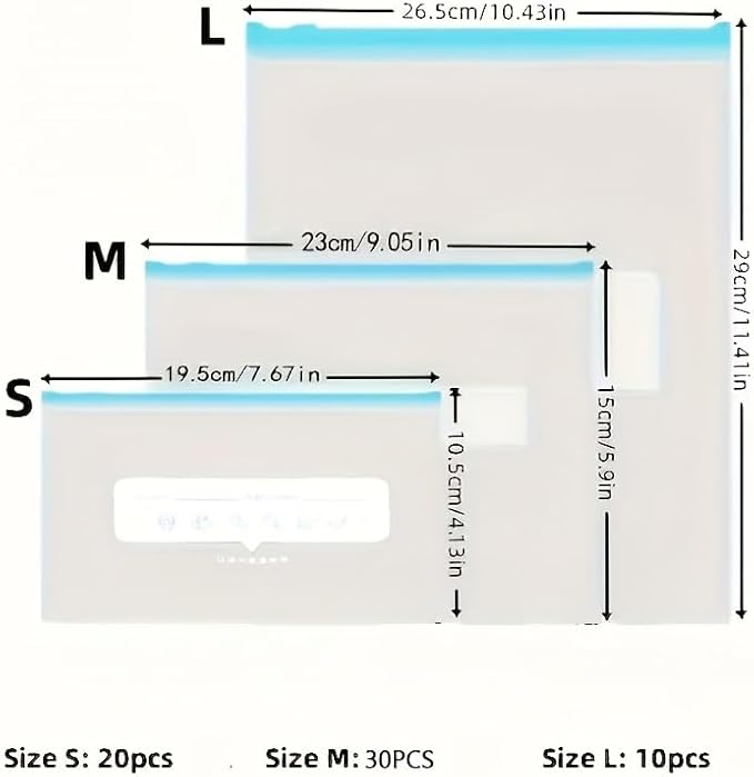 Set of 60 Reusable Storage Bags - Available in 3 Sizes, Zipper Sealed And Leak-Resistant, Ideal for Storing Fruits, Vegetable