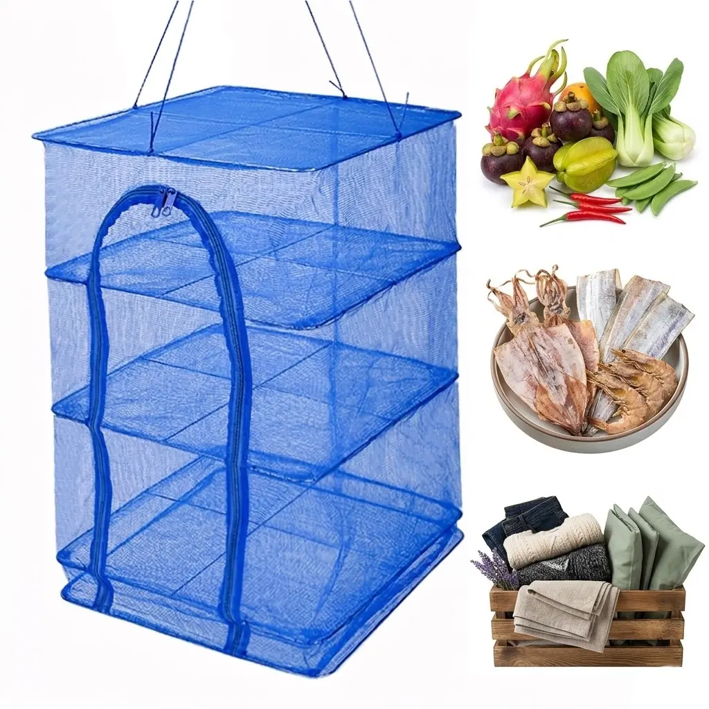 1pcs 3-Layer Foldable Food Drying Rack with Zipper, Hanging Mesh Dehydrator Net with Convenience and Breathability for Fish, Shrimp, Meat, Fruits & Herbs, Collapsible Outdoor Drying Basket
