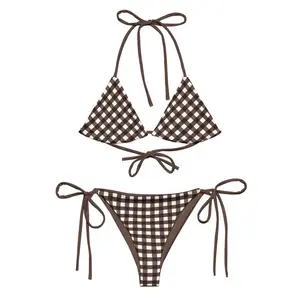 Brown Gingham Bikini Set, Triangle Bikini Top, Retro Plaid Swimwear