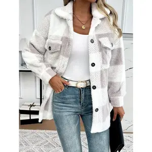 Plaid Pattern Button Front Fuzzy Coat, Elegant Long Sleeve Warm Outerwear For Fall & Winter, Women's Clothing