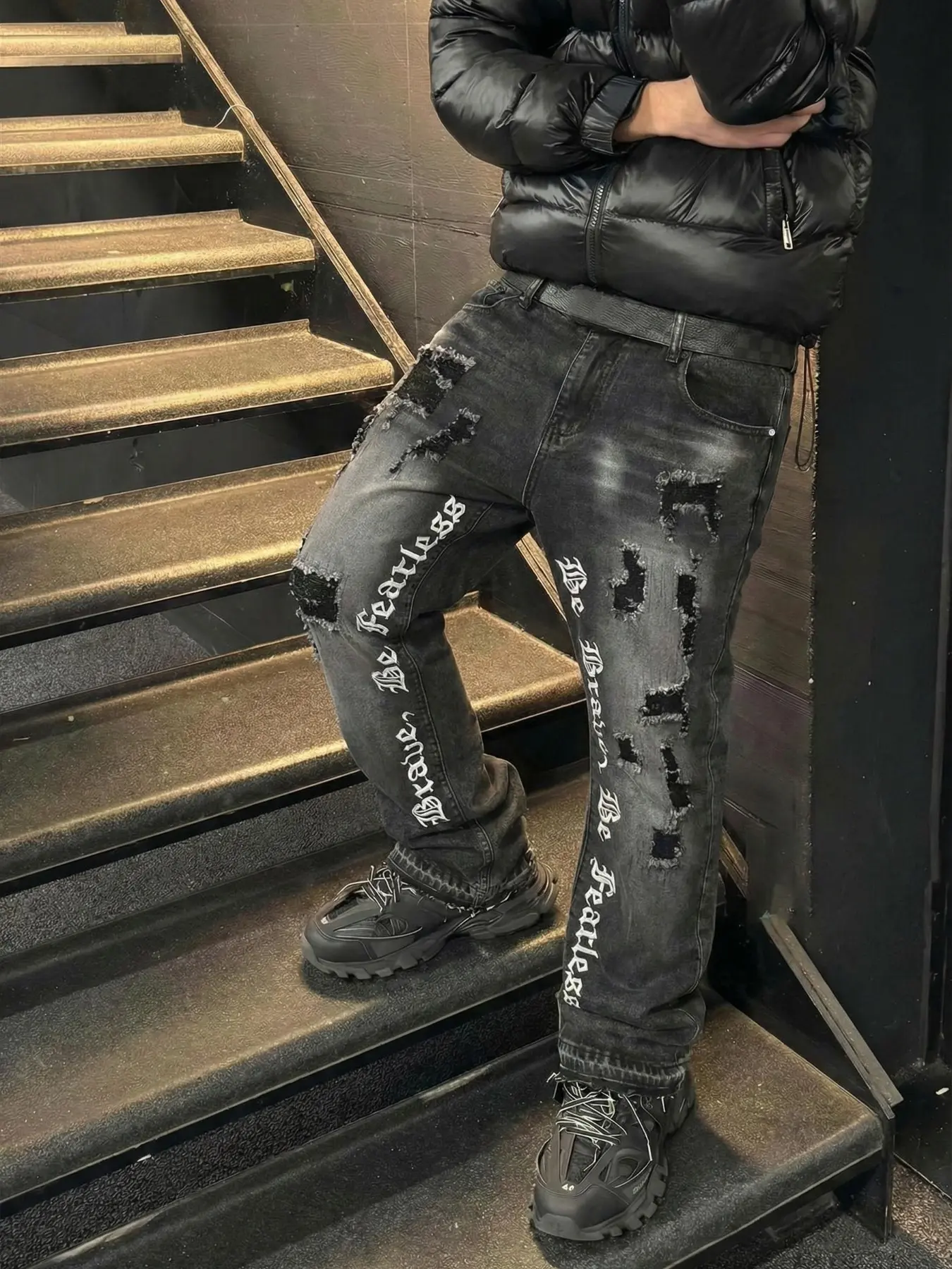 Men's Embroidered Denim Jeans, Loose-Fitting Flare Pants, Button Fly Closure, Y2K Stacked Style, All Seasons Wear, Casual Fit, Streetwear Denim Pants