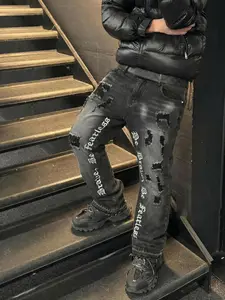 Men's Embroidered Denim Jeans, Loose-Fitting Flare Pants, Button Fly Closure, Y2K Stacked Style, All Seasons Wear, Casual Fit, Streetwear