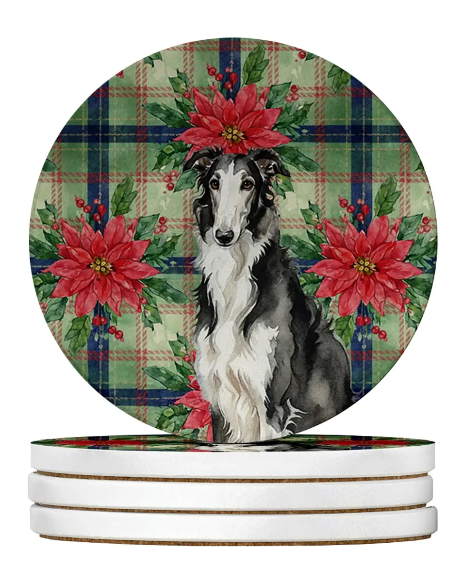 Carolines Treasures WDK8529RCS4 4 x 4 in. Black & White Borzoi Christmas Poinsettias Large Sandstone Coasters, Pack of 4