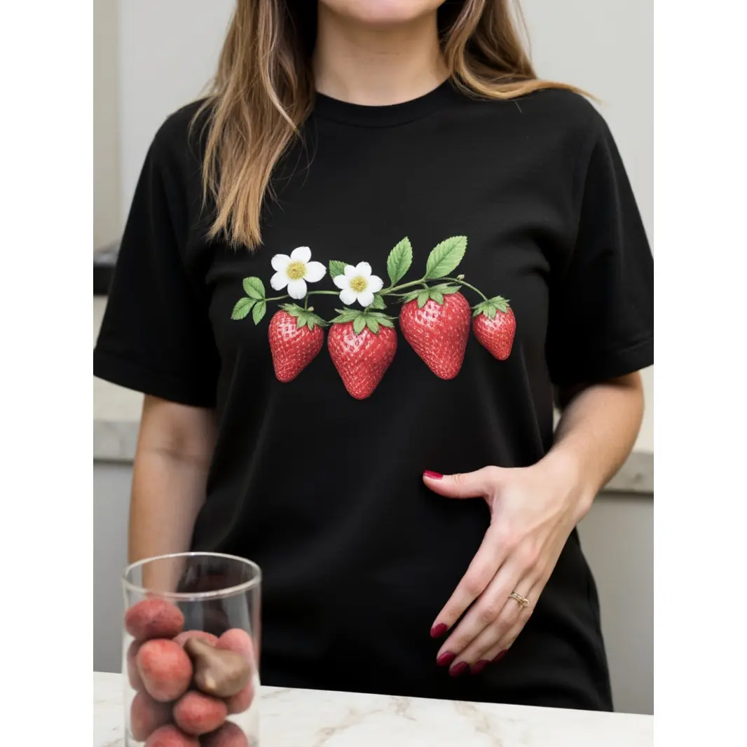 Lady's Fitted Cotton Short-Sleeve T-Shirt - Cute Strawberry and Flower Print, Soft Breathable, Summer Casual Top for Travel, Beach, Everyday Streetwear, Shortsleeve, Tshirt