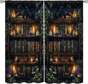 Magic Bookshelf Curtain, Gothic Magical Witchy Potion Dark Library Book Window Treatments for Bedroom Kitchen Living Room Study Office Dormitory, 55x63 Inch