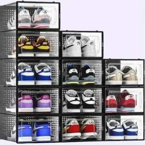 12 Pack Shoe Storage Bins, Medium Size Plastic Stackable Shoe Organizer for Closet, Black & White Frame Box Boxes