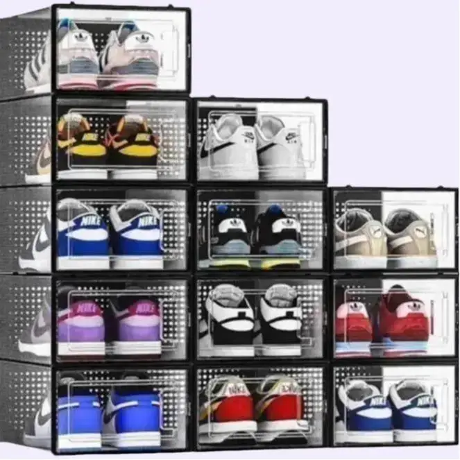 12 Pack Shoe Storage Bins Medium Size Plastic Stackable Shoe Organizer for Closet Black White Frame Box Boxes