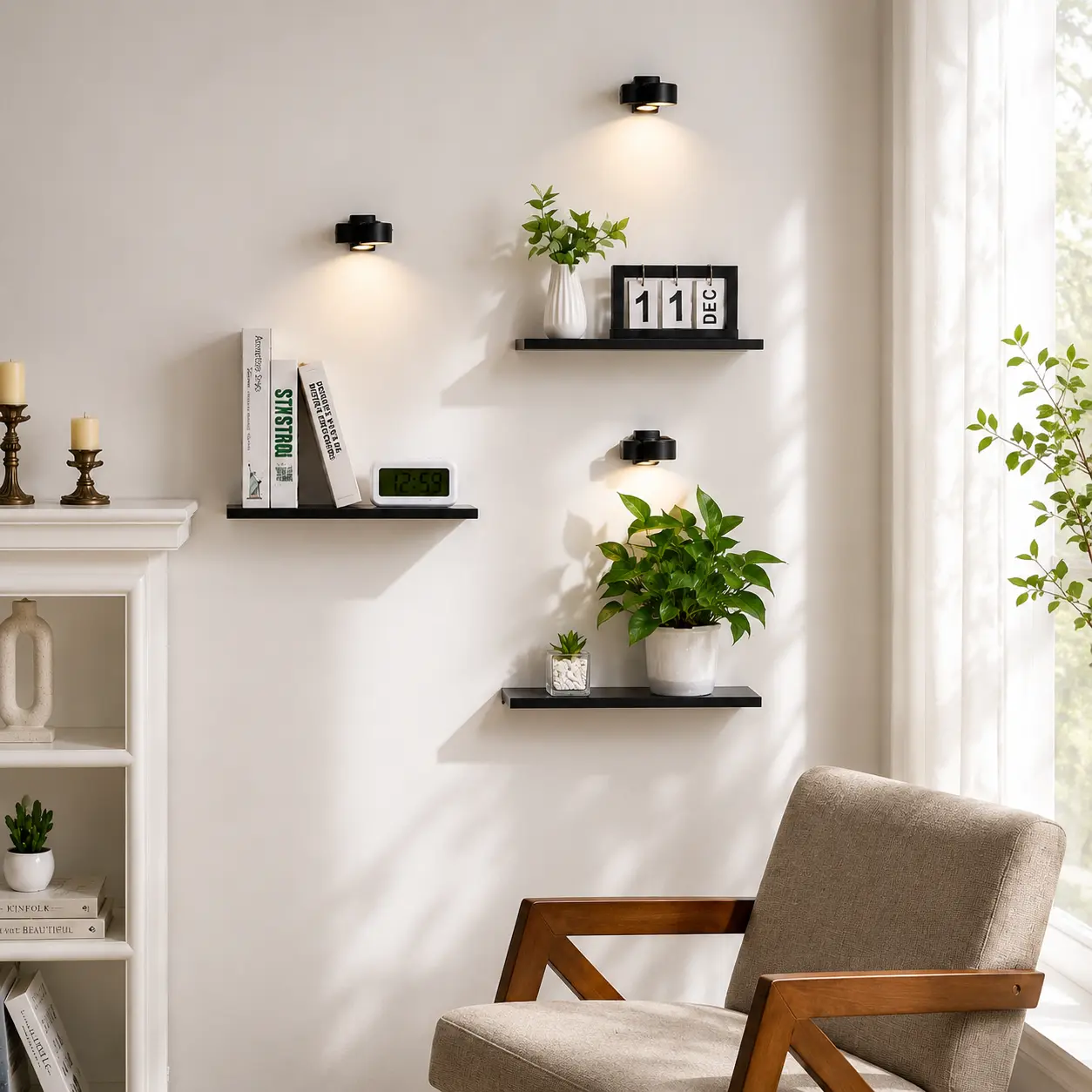 3-Pack Black Wooden LED Light-Up Floating Shelves - Minimalist Industrial Wall-Mount Corner Bookshelf, Decorative Interior Decor Storage Organizer for Living Room, Bedroom Furniture