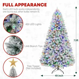 7.5ft Lighted Snow Flocked Christmas Tree, 450 Multicolor LED Lights,  with 1446 Branch Tips, Metal Stand & Hinged Branches for Decoration, 10 Modes