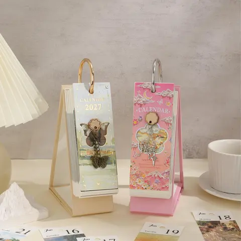 Vintage European Style Oil Painting Flip Calendar with Butterfly Pendant - 2027 Edition Office Stationery, Monthly Tabbed Organizer with Flipping Pages & Tabbed Months, Memo Log Check-in Reminder for Home & Office, Daily Planner, Monthly Tabbed Calendar,