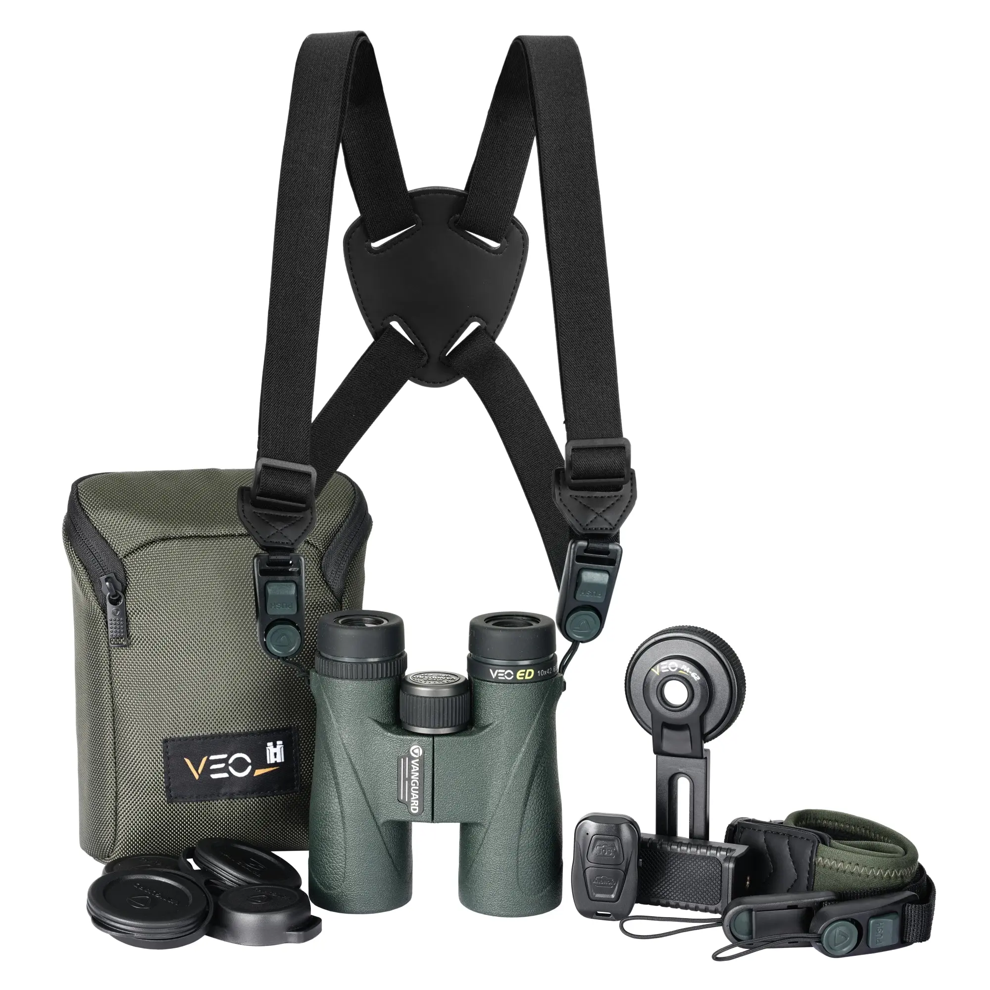 Vanguard VEO ED 10x42 ED Glass Binocular Bundle w/ Digiscope Adapter, Harness, Deluxe Strap, Lifetime Warranty