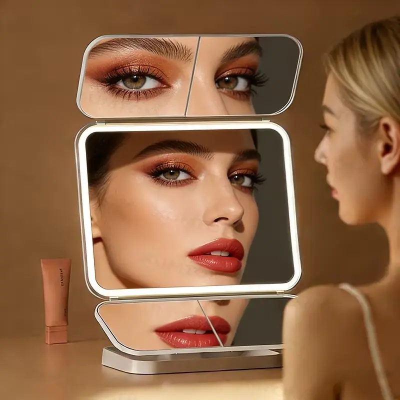LED Makeup Mirror with Lights, Trifold Vanity Mirror with 2X/3X/10X Magnification, Touch Control Dimmable 3-Color Lighting, Rechargeable Portable Mirror for Women，Perfect Gift for Mom & Her