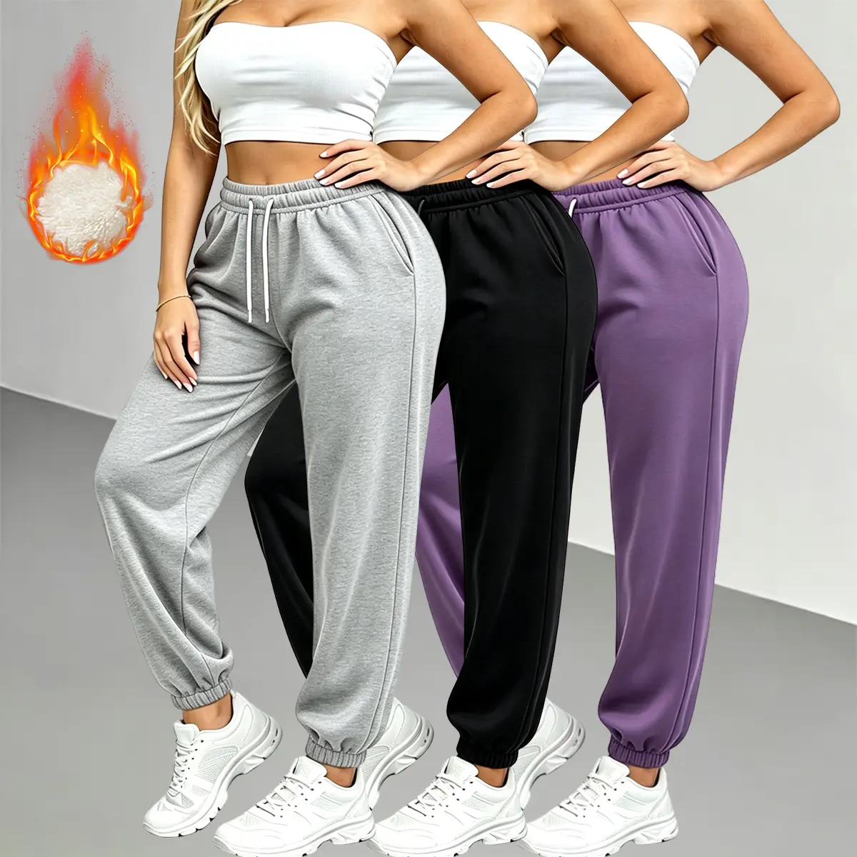 Women's 3-Pack Thick Fleece-Lined Insulated Polyester Athletic Joggers, Solid-Color Casual Drawstring Pants with Pockets, Multi-Size All Seasons Bottoms for Outdoor Activities, Cycling