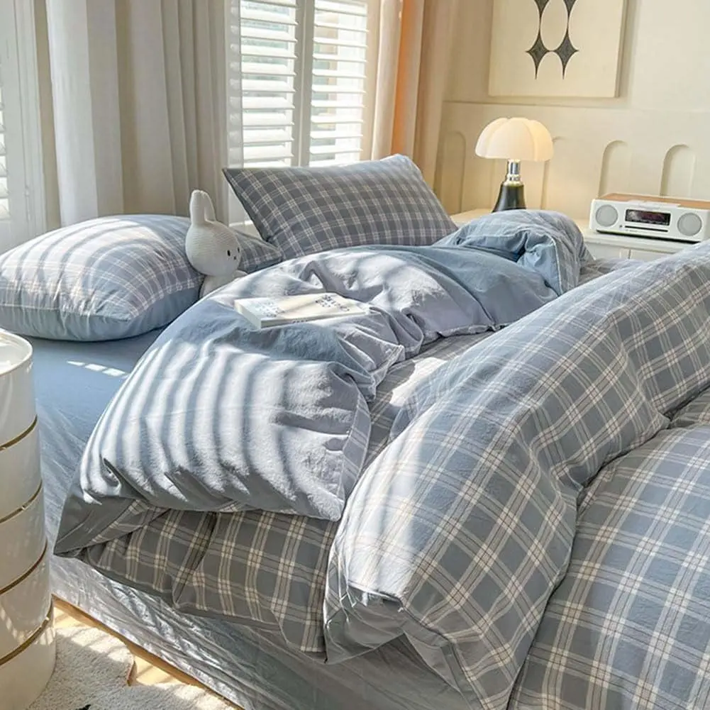 Duvet Cover Queen Size Blue Checkered Gingham Duvet Cover 3 Pcs Reversible Vintage Grid Farmhouse Dorm Bedding Set Gifts for Men Soft Breathable Washed Microfiber