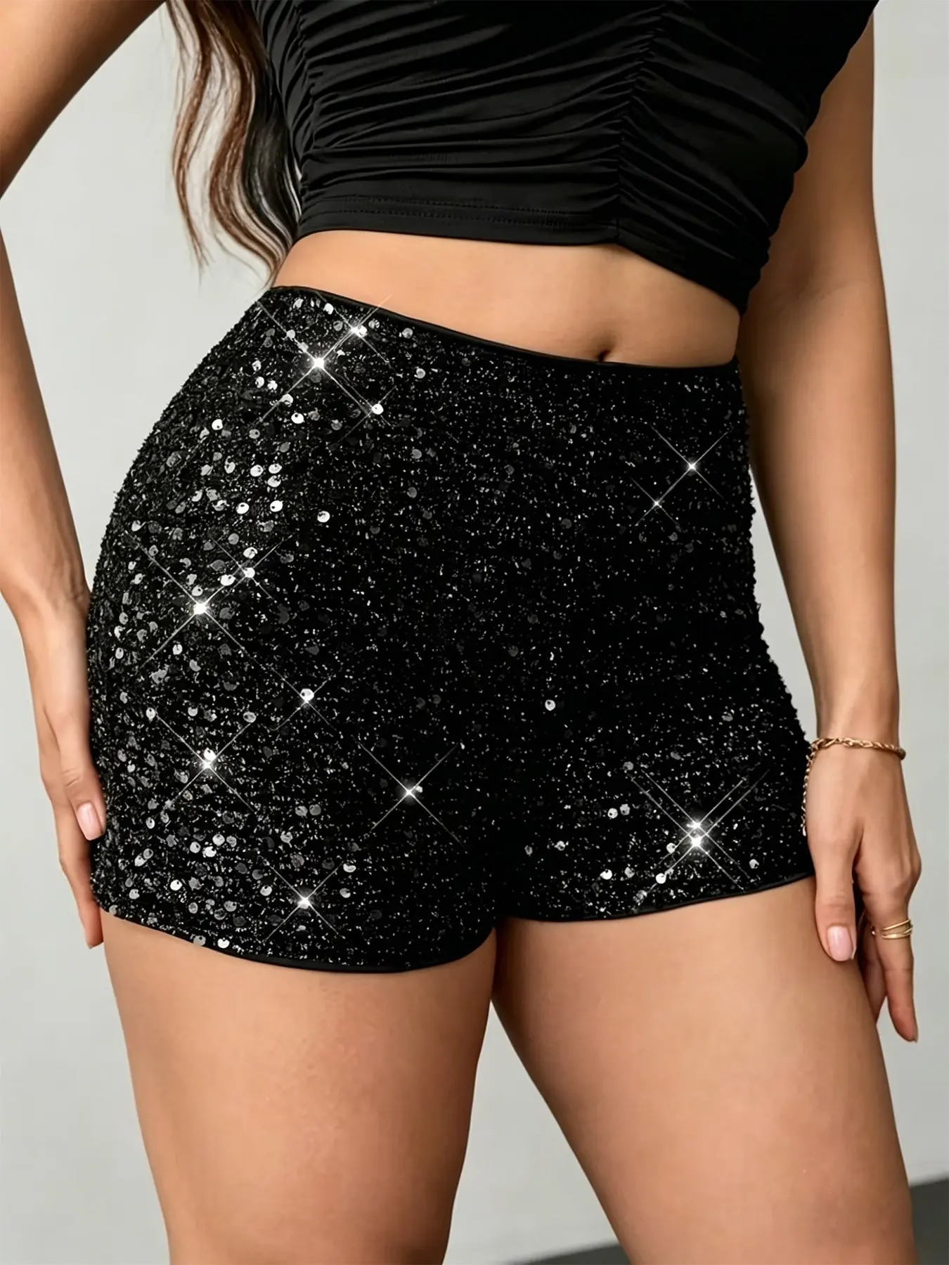 Women's Plus Size Sequin Dot Tight High Waist Shorts, Elastic Waist, Fashionable Design, Casual Daily & Party Wear, Comfortable and Stylish Bottom
