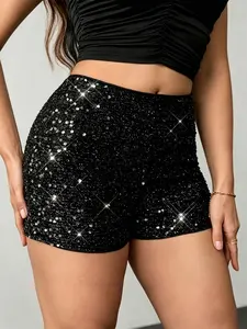 Women's Plus Size Sequin Tight Shorts, Elastic Waist Three-Quarter Pants, Fashionable Design, Casual Daily Wear, Comfortable and Stylish