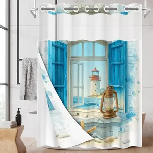 1PC/4PCS 2D Flat Printing Blue and White Window, Lighthouse, Starfish, Seashells Patterned shower curtain, home bathroom decor, shower curtain set with 12 hooks, non-slip bathroom rug, U-shaped toilet seat cover, toilet seat mat.