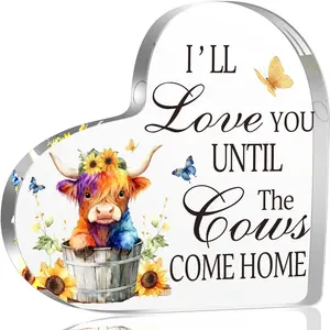 Highland Cow Decor Gifts for Women, I'll love You Until The Cows Come Home Valentines Day Gifts for Women, Funny Highland Cow Acrylic heart  Sign Decorations, Rustic Table Block Signs for Party Home Kitchen Dining Table Decor