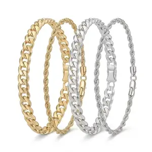 Men's 2-Piece Layered Gold Bracelet Set - Cuban Chain, Rope Chain, 8" Premium Steel Bracelets