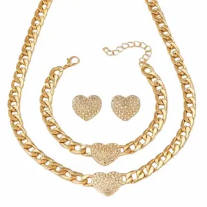 Gold Rhinestones Heart Chain/Necklace Set Fashion Statement Jewelry 3 pcs