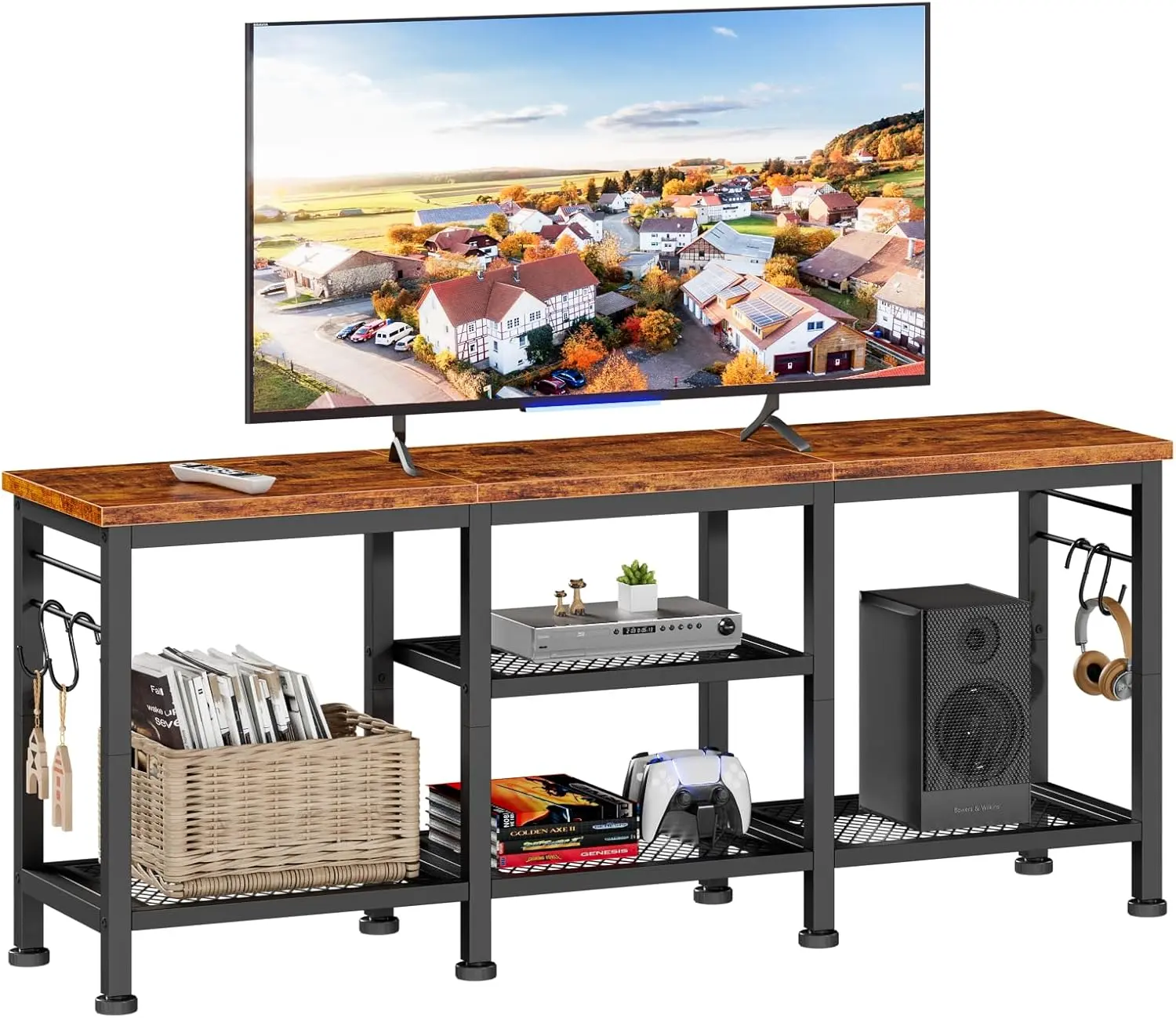 Table TV Stand for TVs up to 55 Inch, Entertainment Center with Open Storage Shelves, Media Console Table with Soundbar Shelf for Living Room, Bedroom, Rustic Brown
