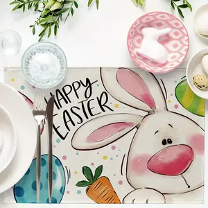Festive Easter Placemats with Adorable Bunny Rabbits Eggs & Polka Dots for Dining Tables 12 X 18 Inches Farmhouse Style Kitchen Decor Coasters Tableware