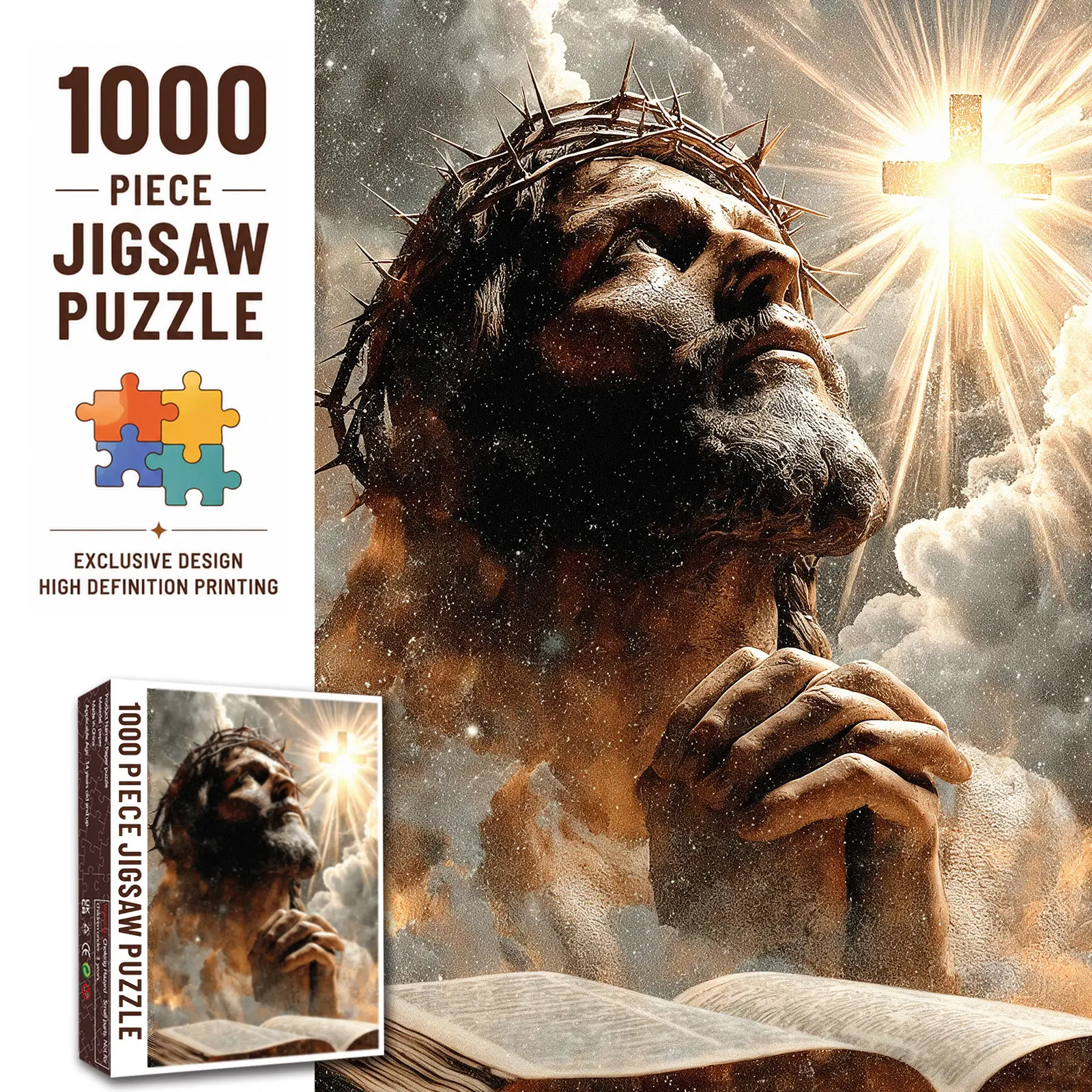 Walarky Jesus Christ Prayer 1000 Pieces Jigsaw Puzzle for Adults, Christian Religious Art with Crown of Thorns and Holy Light, Challenging Brain Game for Stress Relief Relaxation Family Fun, Faith Gift for Seniors Wall Decor, 27.5x20inch(70x50cm)