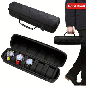 Watch portable storage suitcase with 5 card positions, large-capacity hard case watch storage display box, suitable for men's and women's smart watch storage, with soft foam pillow and handle.