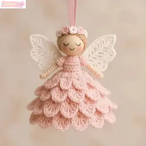 Handmade Crochet Angel Doll Ornament - Pink Knitted Fairy with Lace Wings, Charming Design, Handcrafted Hanging Decoration for Home, Nursery summerwins