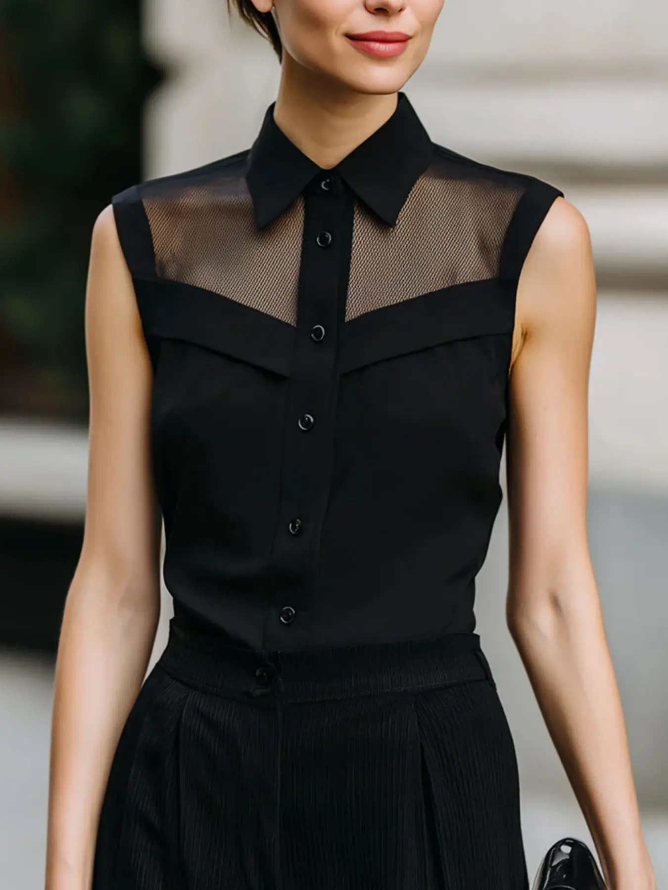 Women's Black Sleeveless Collared Button-Down Blouse, Womenswear Garment, Minimalist Fit Basic Office Workwear with See-Through Chest Detail, Trendy Versatile Top for Business Casual, Professional Feminine Shirt
