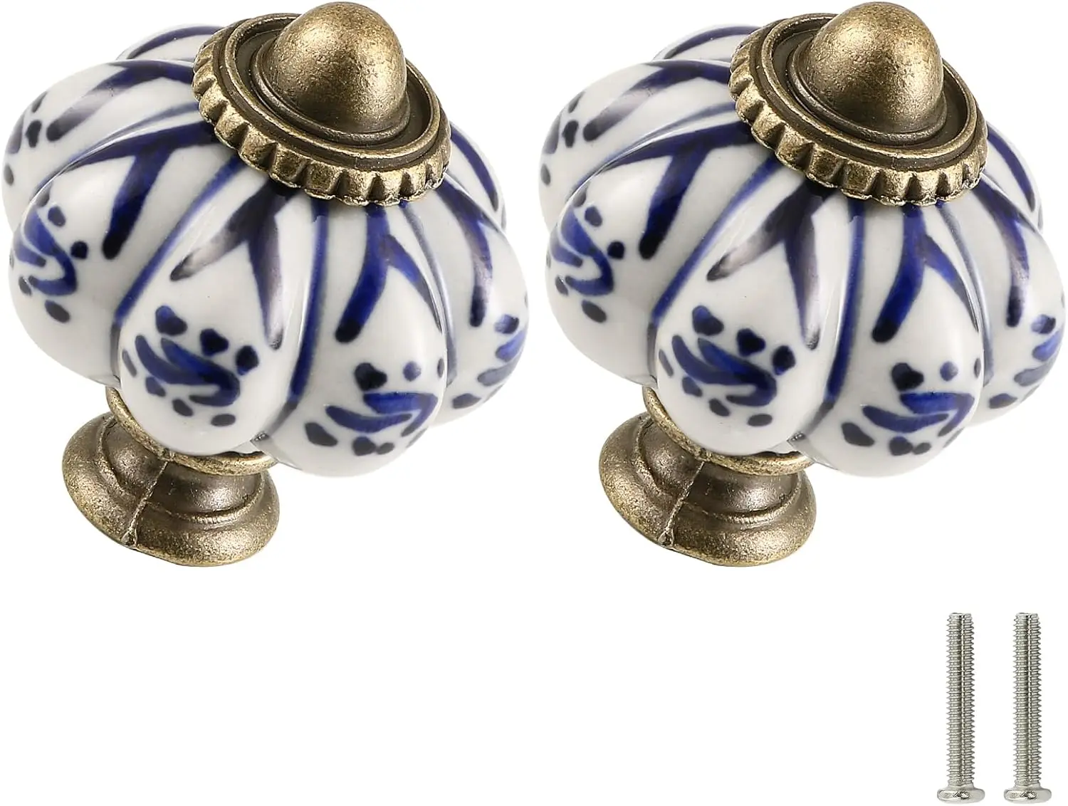 Ivory & Deep Blue Pumpkin Knobs 6 Pack Ceramic Cabinet Knobs Vintage Drawer Pulls - Antique Dresser Pulls with Screws - Deep Blue Flower