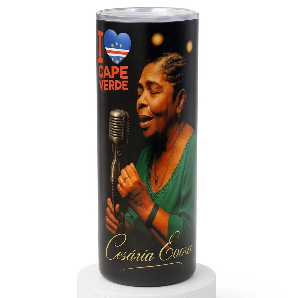 Cesaría Evora Design 20oz Tumbler with I Love Cape Verde Flag & Iconic Microphone Graphic Non-BPA Free