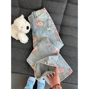 Vintage Cute High Waisted Straight Leg Jeans Casual Y2K Flower Printed Fringe Ripped Streetwear Denim Pants