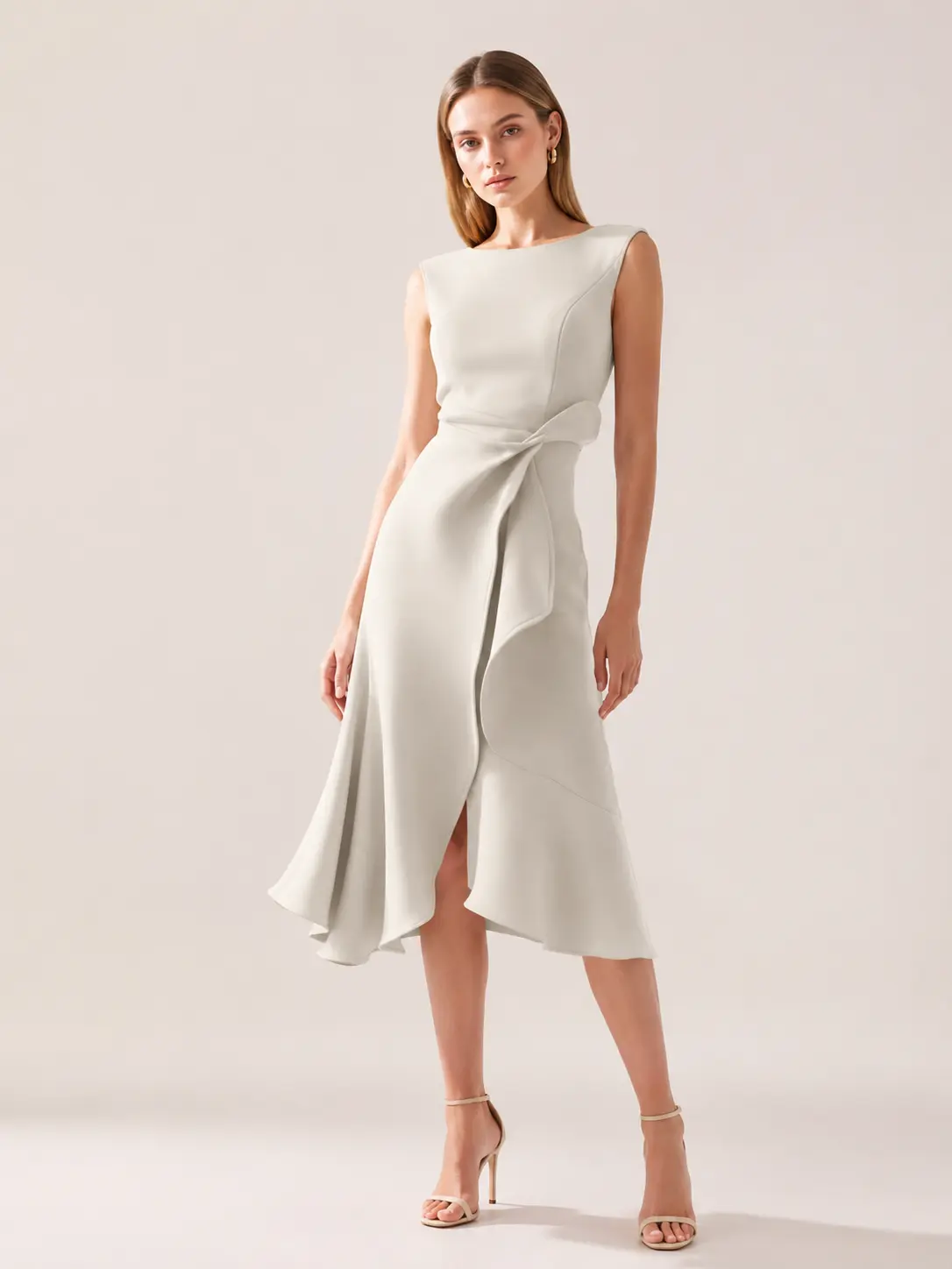Vintage Elegant Sleeveless Round Neck Tie Waist Ruffle Midi Dress Slimming Flowy Formal Wrap Gown Trendy Women Outfit For Office Business Event Wedding Reception Bridesmaid Dinner Cocktail Party Minimalist Sophisticated Daily Classy Fashion