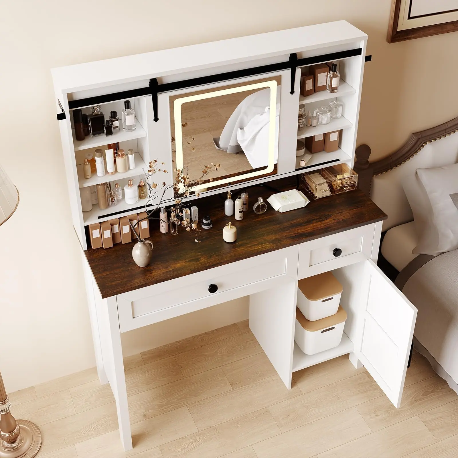 Modern Vanity Desk with LED Lighted Mirror, Power Outlet, 3 Drawers, Cabinet, Storage Stool & Shelves – Makeup Table for Bedroom, Perfect for Teen Girls and Women