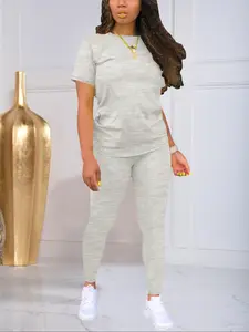 Women's Solid Color Basic Short Sleeve Tee & Leggings Two-piece Set, Casual Round Neck T-shirt & Skinny Pants for Daily Wear, Ladies Summer Clothes