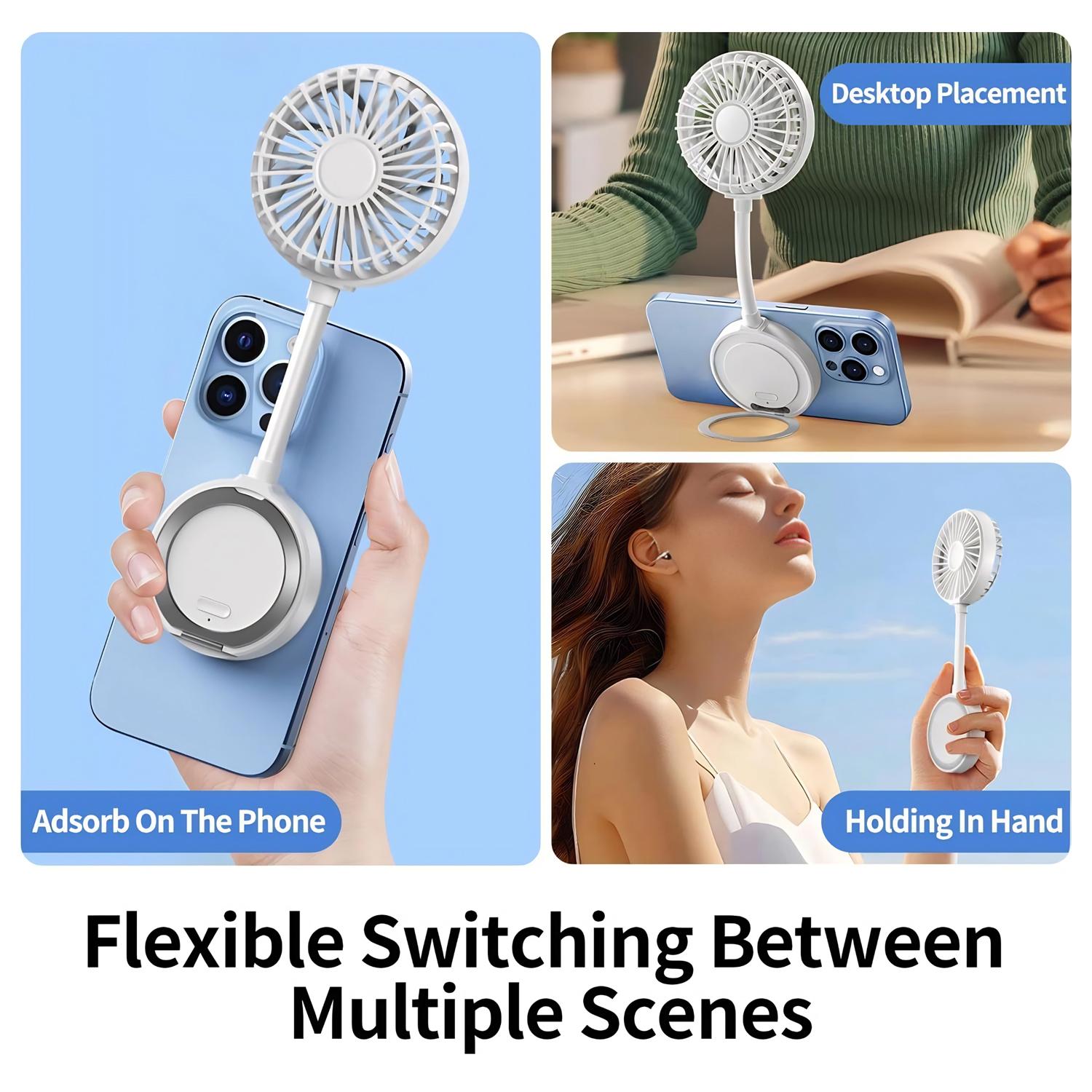 3 Speed Adjustments Magnetic Cell Phone Fan Handheld Folding Mini Fan USB Rechargeable Fan with Stand for Desktop Classroom Bedroom