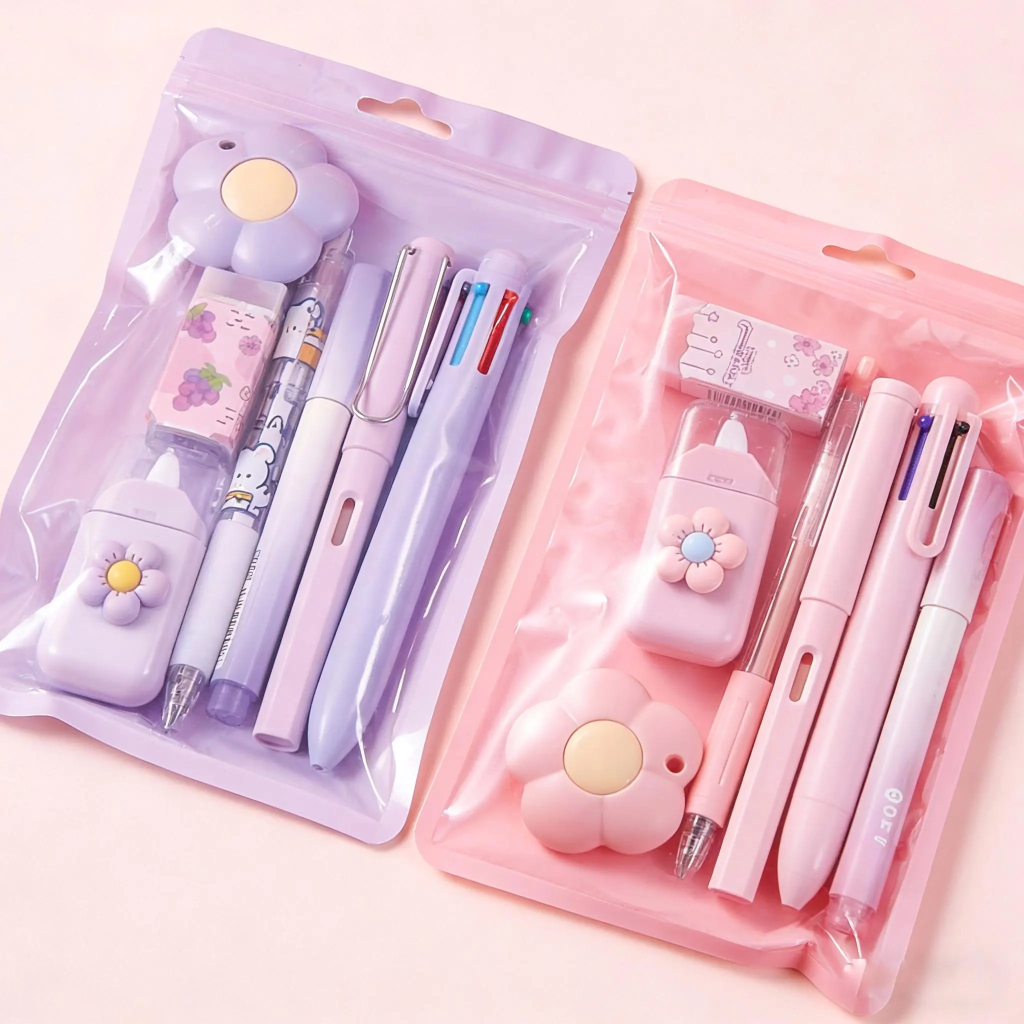 Kawaii Look 7-Pieces Pastel Floral Stationery Kit - Plastic Body Office/School Supplies Set with Multi-Color Writing Tools, Eraser, Cutter, Back to School Essentials, Ideal Birthday Present for Girls