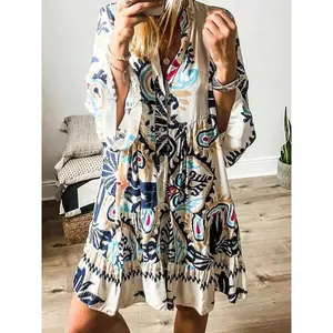 Women’s ethnic geometric-pattern pleated smocked dress with a front button closure, bohemian fashion stand-up collar wide-sleeved design, suitable for daily wear and vacations, an all-season women’s dress, GARMENTARY women’s dress