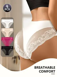 QUASTI 4-Pack Elegant Lace Mid-Waisted Panties Breathable Fabric Silky Smooth Comfortable Seamless Underpants Invisible Lightweight Underwear Sexy and Elegant Style - Confident Womenswear S-5XL