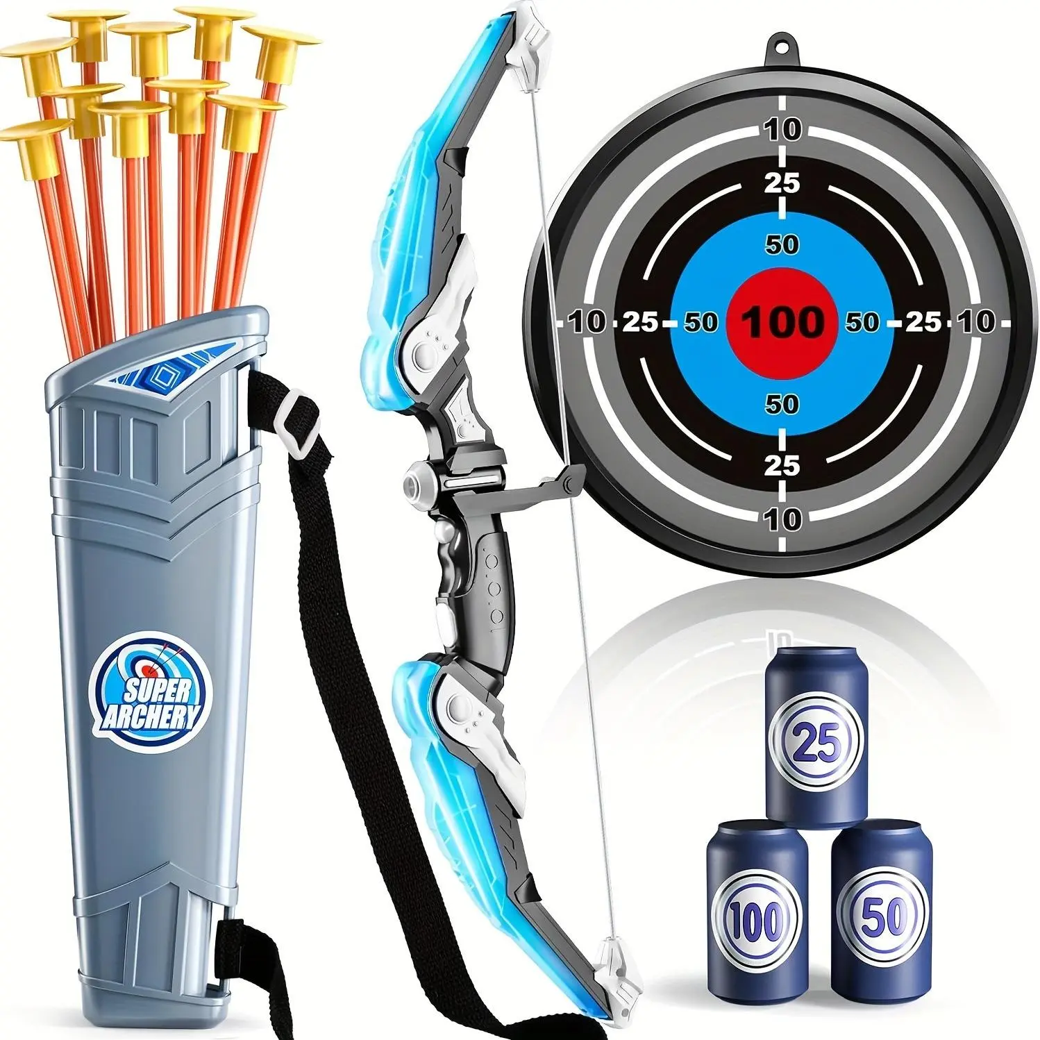 LED Light Arrow Archery Set - 1 Set of Suction Cup Arrows, Glow Target, Dart Board - All Seasons Indoor/Outdoor Boys' Toy Gift for Kids
