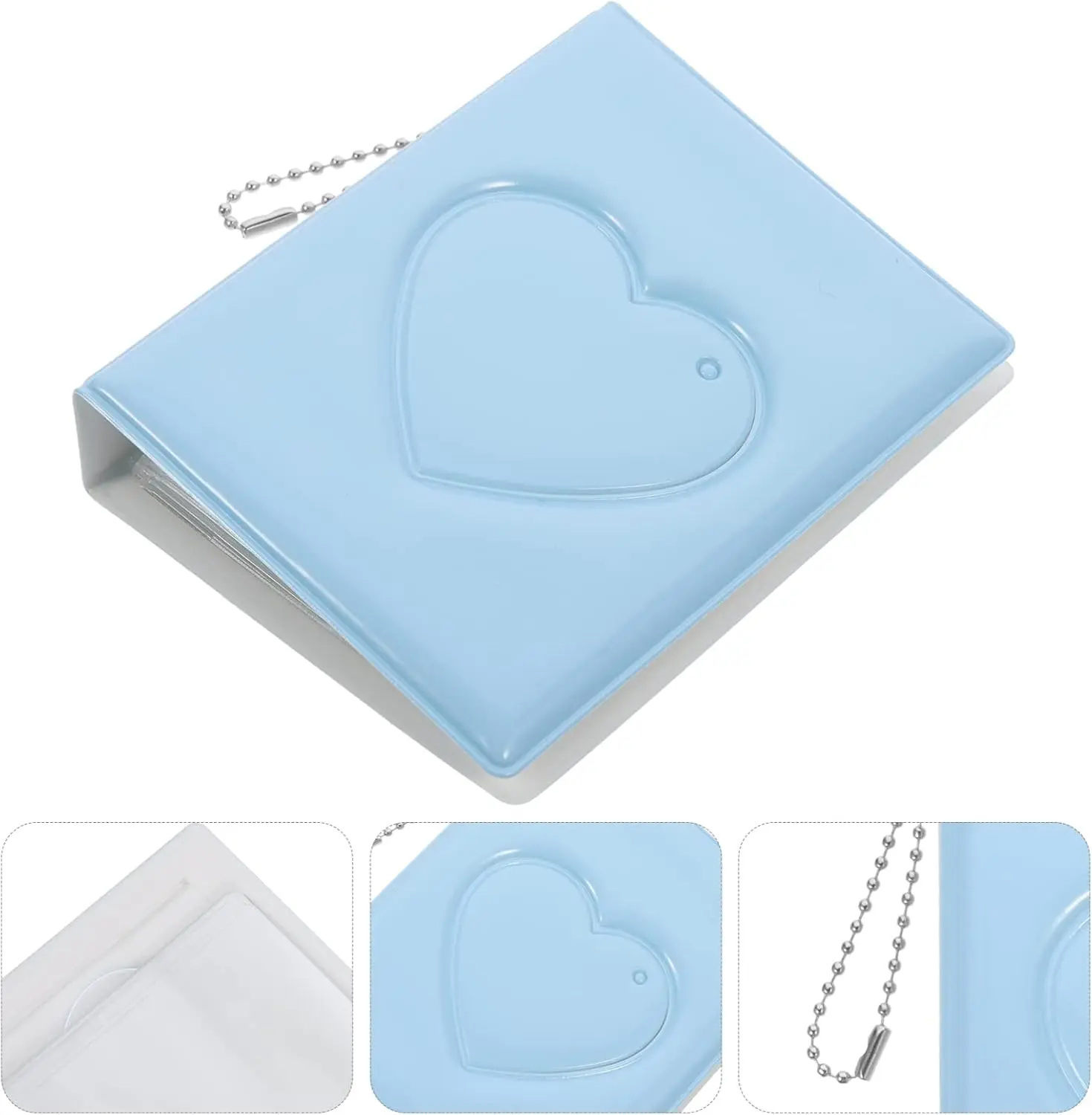 3 Inch Kpop Photocard Holder Book - Mini Photo Album with Love Heart Pendant, Blue Heart-Shaped Hollow Design, 32 Pockets, Portable Decor Organizer for Kpop Fans
