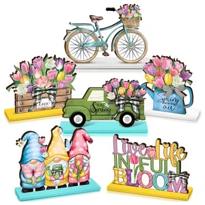 Spring Themed Wooden Sign, 6 Counts/set Tulip Gnome Car Flower Pattern Decorative Plaque, Home Decor for Living Room Bedroom Dining Room