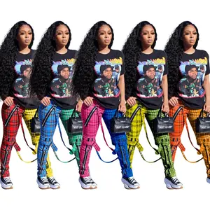 High Waisted Two Tone Patchwork Cargo Plaid Pants W/ Chain