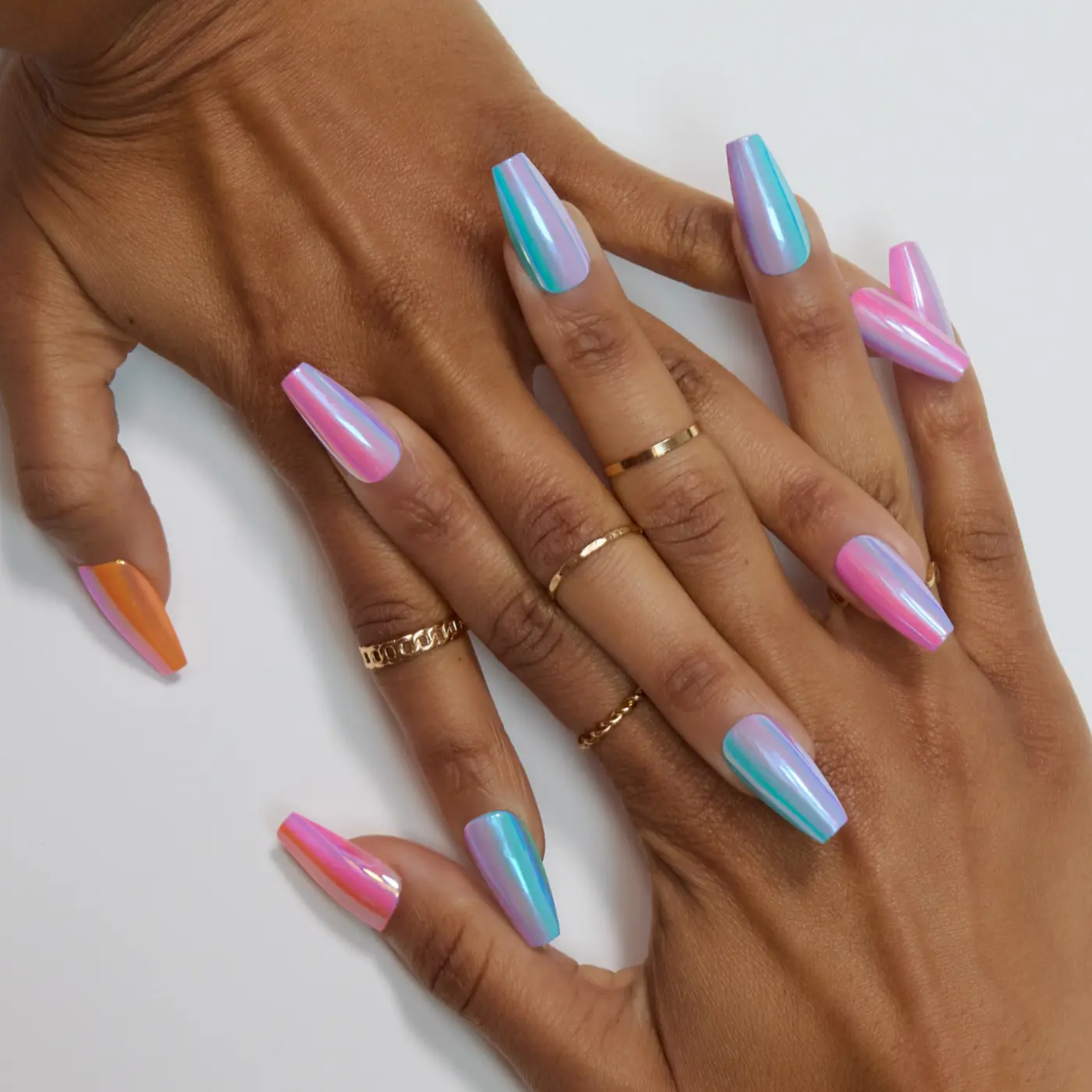 Check You Out II Press-on Nails - Metallic Iridescent Chrome Finish Long Coffin Shape Easy Application Salon-Quality Nails