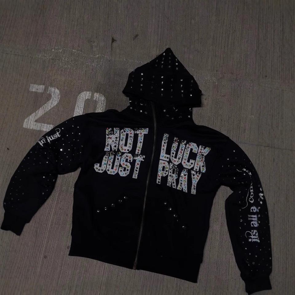 Did you wear the Milky Way on this sweatshirt? Full-piece intricate rhinestone embellishment + oversized “NOT LUCK JUST PRAY” lettering on the back; each letter is filled with colorful small patterns. #NightclubStyle #MusicFestivalOutfit #HighStreetBrand