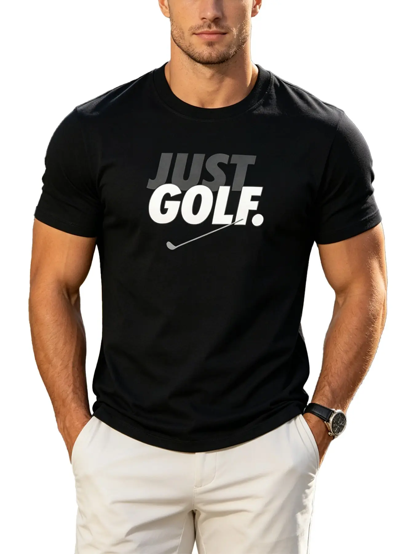Men's Elastic Golf Pattern T-Shirt, Summer Breathable Classic Casual Style, Bold 'just Golf' Print, Regular Fit Loose Round Neck, Long Sleeveless Design, Menswear