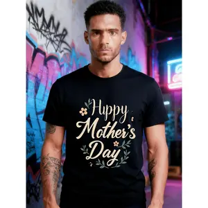 Happy-Mother's-Day-in-large-elegant-beige-cursive-font-centered-on-a-black Same Style for Men and Women 2026 Summer Short-sleeved Printed T-shirt 180G