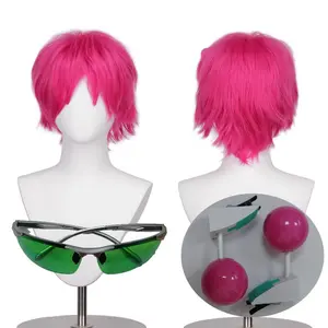 Anime Saiki Kusuo Cosplay Wig Rose Pink Short Heat Resistant Synthetic Hair Role Play Wigs or Headwear or Glasses High Quality
