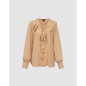 URBAN REVIVO 2026 Spring Women's Ruffled V-Neck Long Sleeve Blouse UWG240010 Ruffle V-Neck Overhead Shirt WomensWear